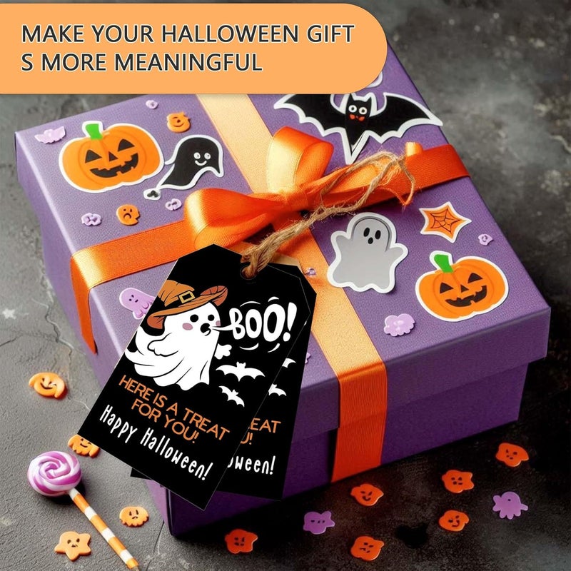 RPLCSPC Black Halloween Paper Gift Tags with String-50Pcs, Here is A Treat for You Happy Halloween Cute Ghost Boo Tags for Goodie Bags, 2 x 3.5 Inch Hanging Labels for Decor Party Supplies, Gift Wrapping-B08 - Image 4